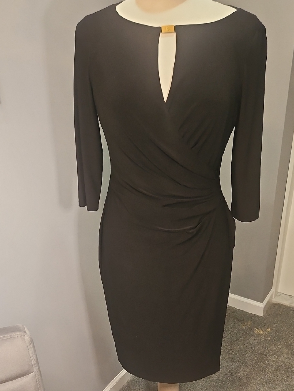 Ralph Lauren Black Keyhole Ruched Sheath Dress - Long Sleeve